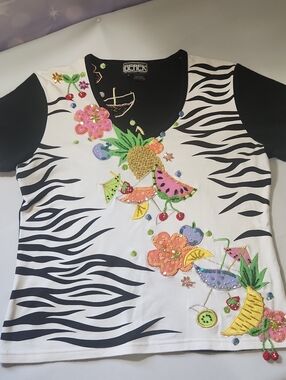 berek  Zebra V‑Neck Tee with Colorful Sequin Fruit, Cocktails Emroided Jewels